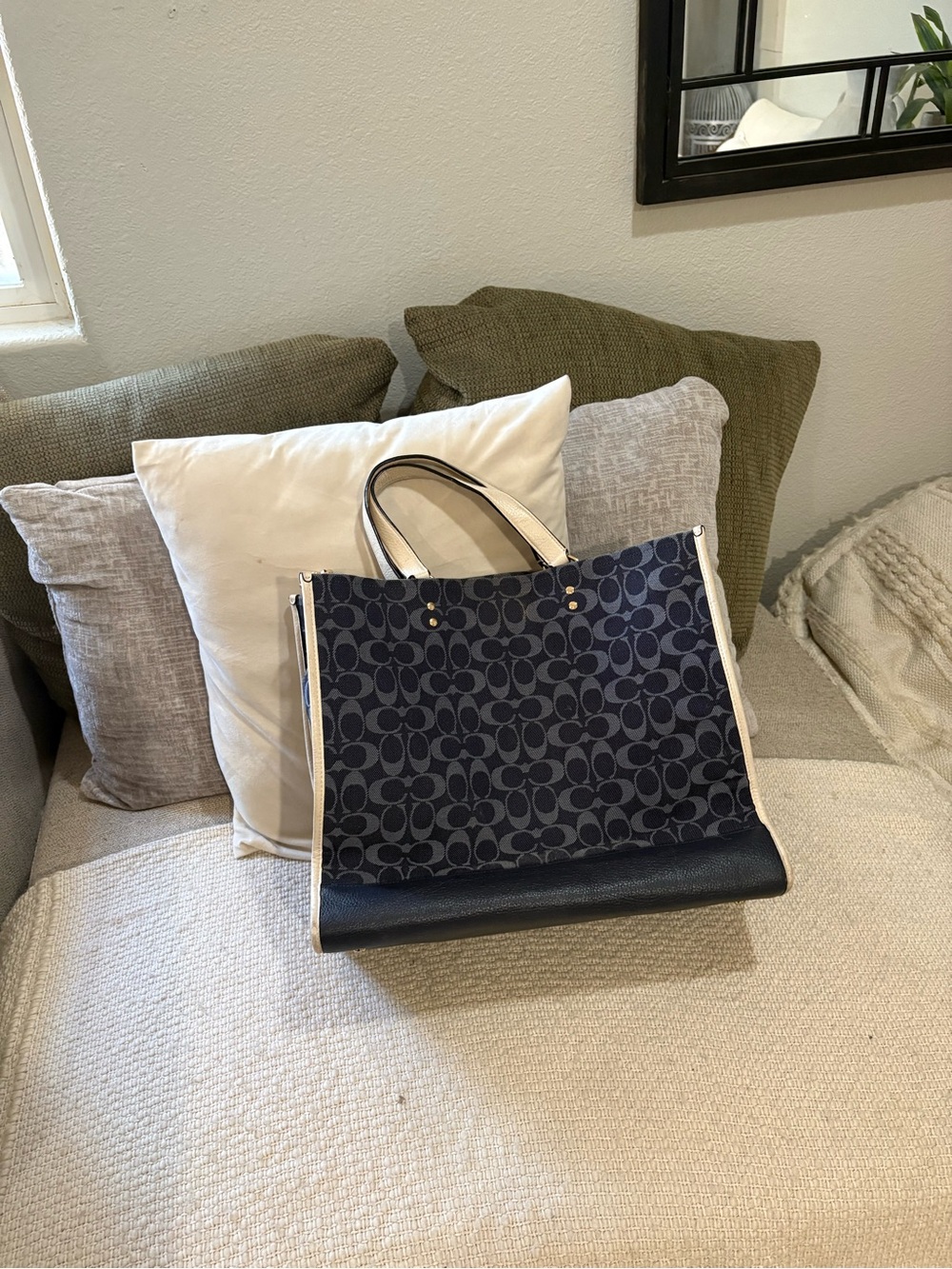 COACH Navy Signature Canvas Tote with Cream Trim and Black Strap - Picture 10 of 12